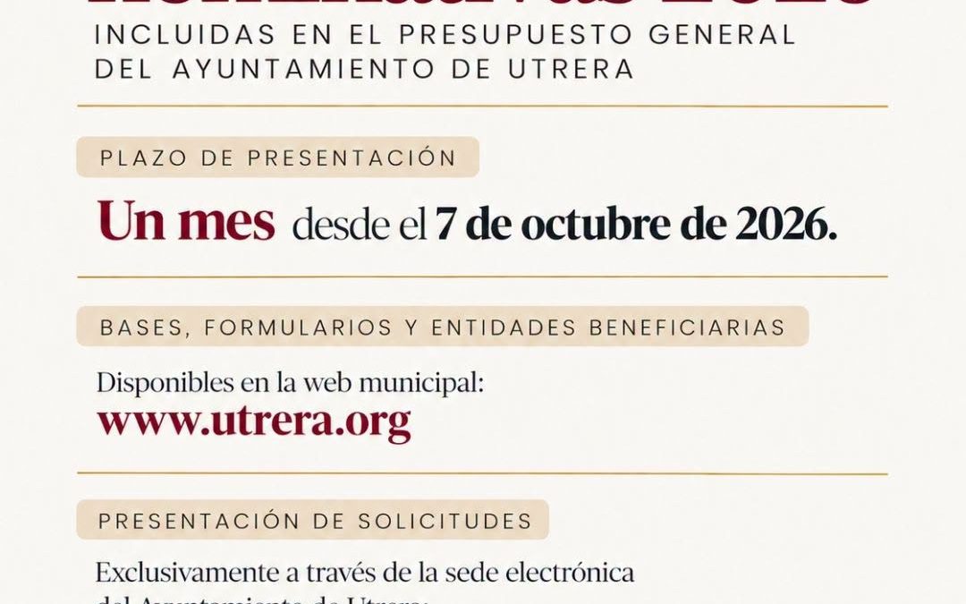 El Ayuntamiento de Utrera abre el plazo de solicitudes para las subvenciones nominativas del Presupuesto de 2026